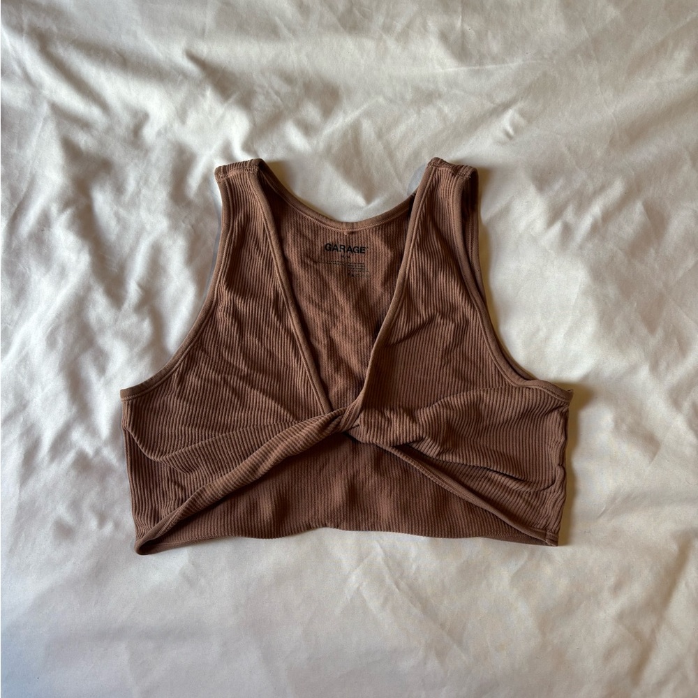 Garage Brown Ribbed Twist Crop Top